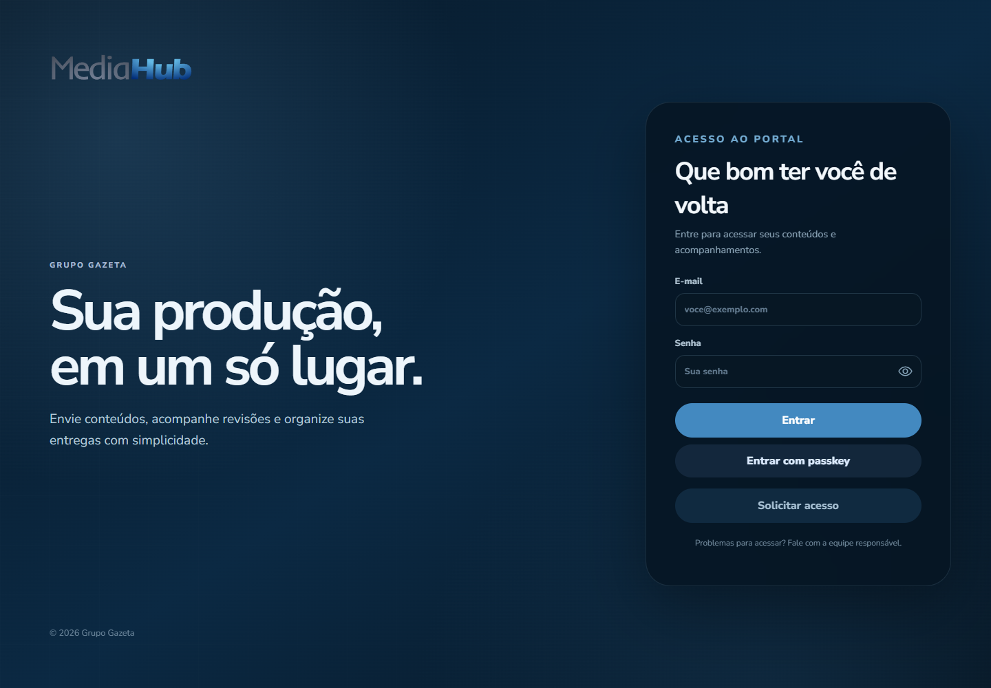 Tela pública de acesso ao Media Hub
